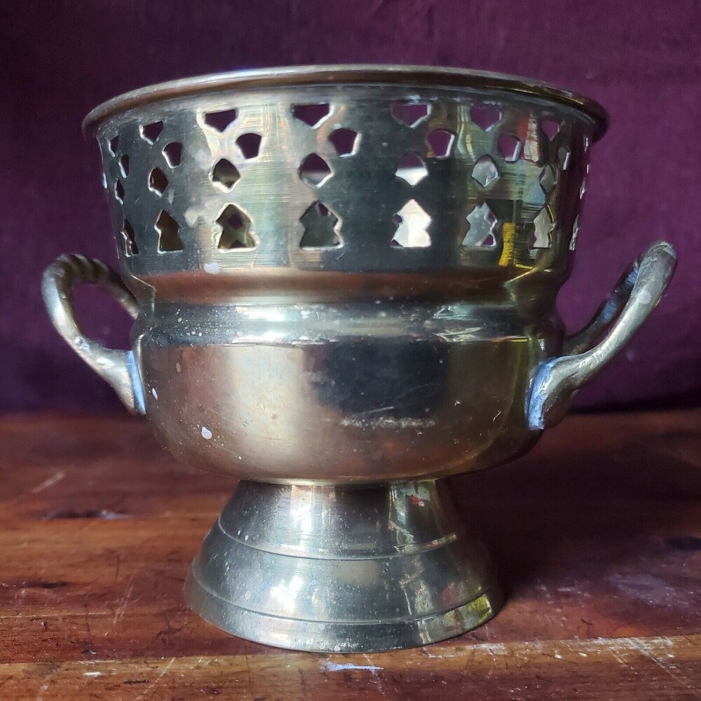 Vintage Brass Pedestal Bowl w/ Handles Filigree Top 4“ x 5” Made in India